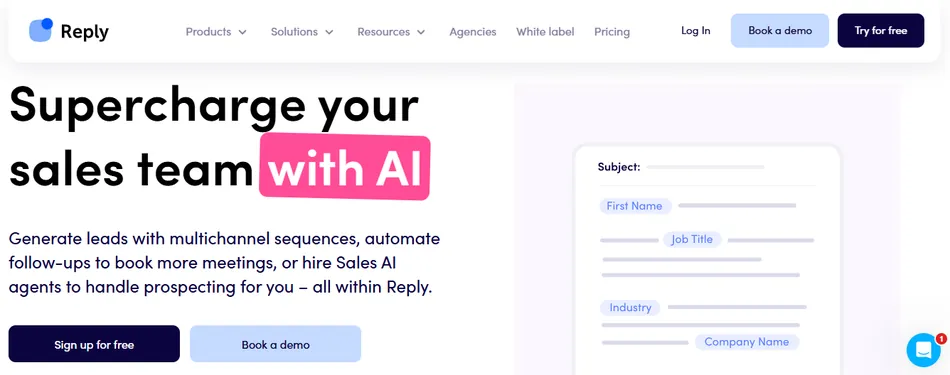 A screenshot of the Reply website, featuring a headline 'Supercharge your sales team with AI' and a description about generating leads and automating follow-ups. On the right, a simplified mock-up of an email draft with fields like Subject, First Name, Job Title, Industry, and Company Name.