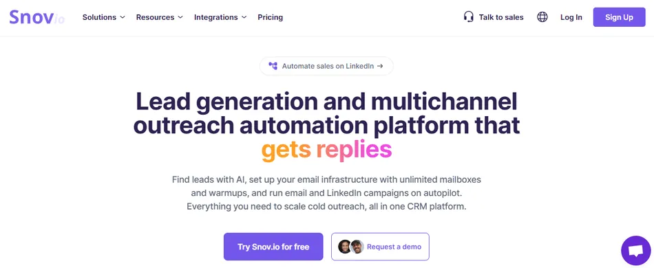 A screenshot of the Snov.io website homepage, featuring the company logo, navigation menu, and a large headline promoting their lead generation and multichannel outreach automation platform that gets replies. Below the headline is a description of the platform's features, followed by two call-to-action buttons, 'Try Snov.io for free' and 'Request a demo'. A chat icon is visible in the bottom right corner.