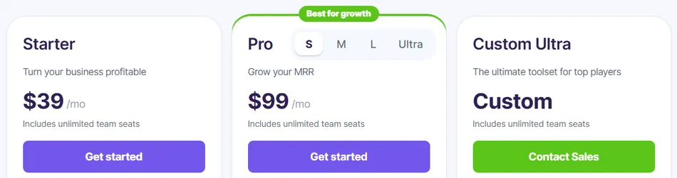 This image displays a comparison of three pricing plans for a service. The 'Starter' plan is priced at 39 dollars per month, the 'Pro' plan is priced at 99 dollars per month and is highlighted as 'Best for growth' with size options of S, M, L, and Ultra, and the 'Custom Ultra' plan, labeled as 'Custom,' requires contacting sales for pricing.