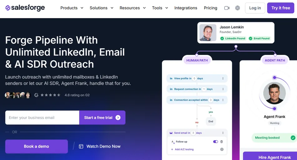 A screenshot of the Salesforge website landing page, promoting a platform for AI driven SDR outreach with unlimited LinkedIn and email capabilities. The page features a headline, a call to action to enter an email for a free trial or book a demo, and a visual representation of a 'Human Path' and 'Agent Path' for outreach, with a profile of 'Agent Frank' visible on the right.