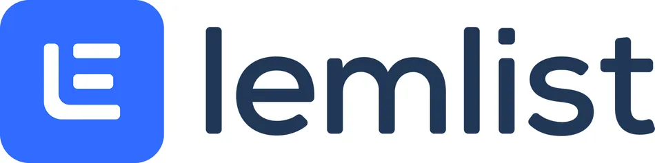 The Lemlist logo features a blue square with rounded corners on the left, containing a stylized white letter 'L' that also forms an 'E'. To the right of the square, the word 'lemlist' is written in a dark blue, lowercase, sans-serif font.