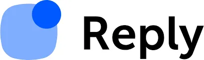 The Reply logo features the word 'Reply' in bold black text next to a graphic element. The graphic consists of a light blue rounded square with a solid blue circle overlapping its top right corner.