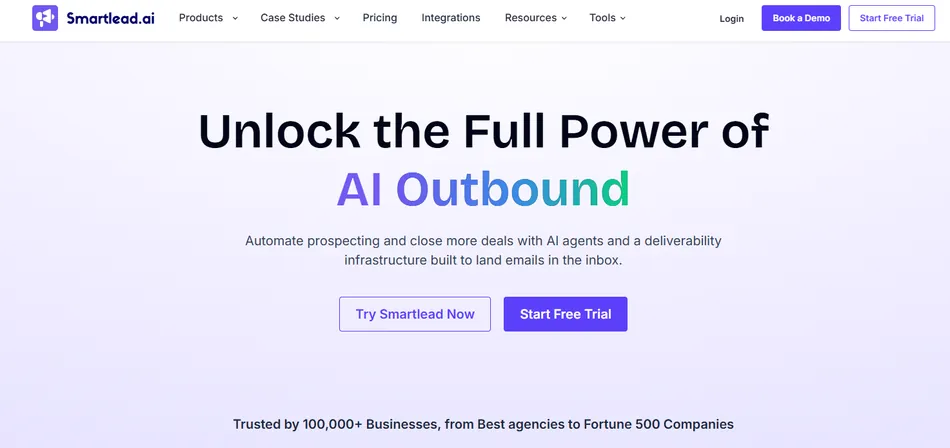This is a screenshot of the Smartlead AI website. The website advertises 'Unlock the Full Power of AI Outbound' and has two call to action buttons, 'Try Smartlead Now' and 'Start Free Trial.' The bottom of the page states 'Trusted by 100,000+ Businesses, from Best agencies to Fortune 500 Companies.'