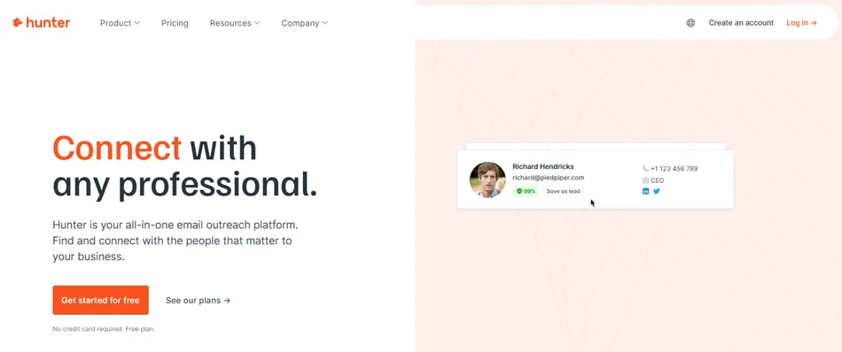This is a screenshot of the Hunter.io website homepage, an email outreach platform. On the left, it features the headline 'Connect with any professional.' and a call to action button 'Get started for free.' On the right, there is a visual example of a contact card for 'Richard Hendricks' with his email, phone number, title as CEO, and links to LinkedIn and Twitter.
