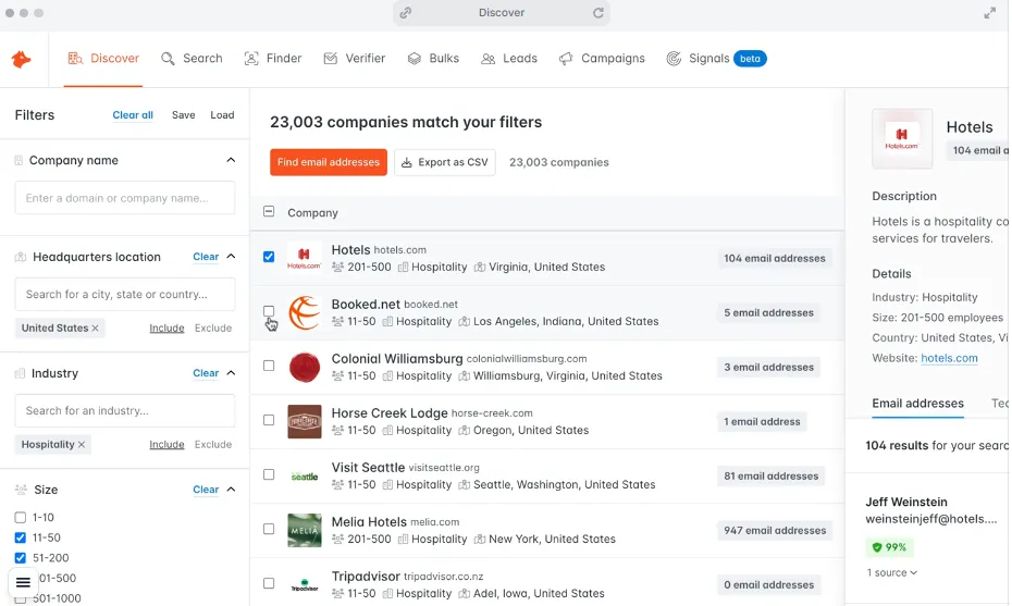 A screenshot of a web application for company search and lead generation. The left panel shows filters for company name, headquarters location United States, industry Hospitality, and size 11-50 and 51-200 employees. The main content area displays a list of 23,003 companies matching the filters, with details like company name, domain, number of employees, industry, and location, and a sidebar shows details for the selected company, Hotels, including description, size, country, website, and a list of 104 email addresses found.