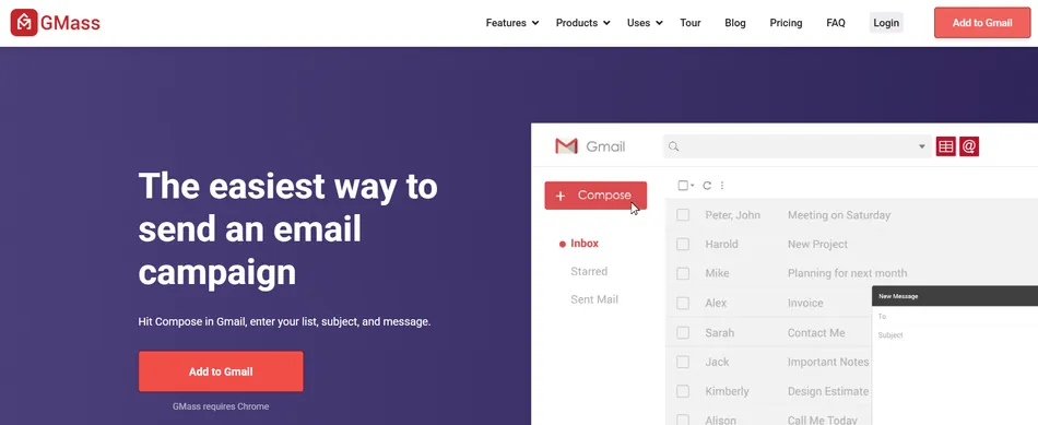 A screenshot of the GMass website, which describes itself as the easiest way to send an email campaign. The left side has the text description on a purple background, and the right side shows a simulated Gmail interface with an arrow pointing to the 'Compose' button.