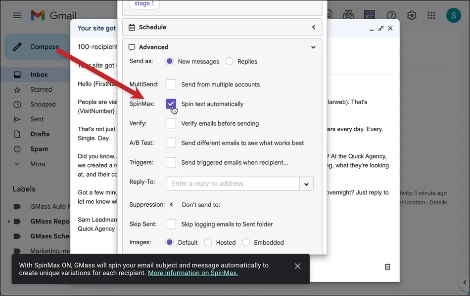 A screenshot of Gmail showing an open settings menu for an email campaign, with a red arrow pointing to the 'SpinMax' option which is checked and accompanied by the text 'Spin text automatically'. A message at the bottom explains that SpinMax creates unique variations for each recipient.