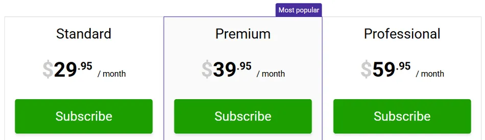 This image shows a comparison of three pricing plans for a service, labeled Standard, Premium, and Professional. The Standard plan costs $29.95 per month, the Premium plan costs $39.95 per month and is marked as 'Most popular', and the Professional plan costs $59.95 per month. Each plan has a green 'Subscribe' button below it.