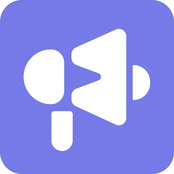 A white megaphone icon is centered on a solid light purple square with rounded corners. The megaphone is stylized, showing a wide, flared horn on the right, a triangular body, and a handle with a rounded bottom on the left.