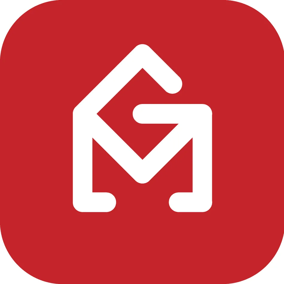 A white, stylized 'GM' logo, resembling a house shape with an arrow pointing upwards, centered on a rounded red square background.