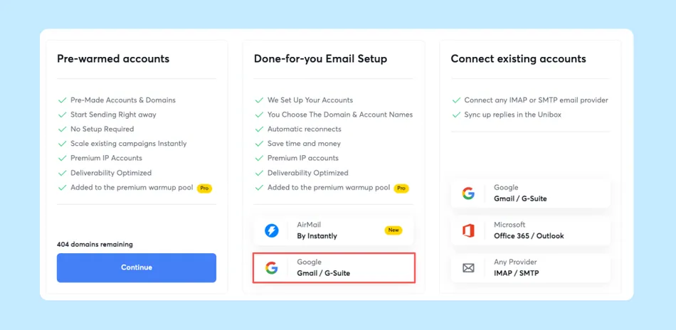 This image shows a three column layout for email account options. The first column is Pre-warmed accounts, the second is Done-for-you Email Setup, and the third is Connect existing accounts. There are checkboxes under each column and an action button to continue. A red box highlights Google Gmail / G-Suite as an option under Done-for-you Email Setup.