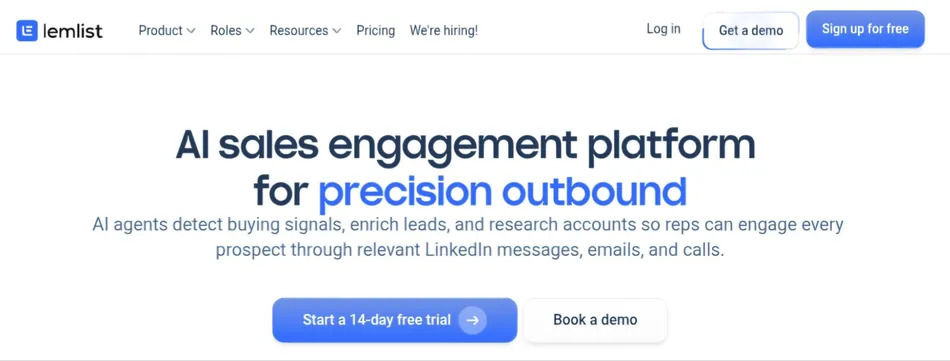 A screenshot of the Lemlist website homepage. The page features the company logo and navigation links at the top, a main headline reading 'AI sales engagement platform for precision outbound', a descriptive paragraph, and calls to action for a 14-day free trial and booking a demo.