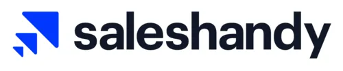 The SalesHandy logo features three ascending blue triangles on the left, followed by the word saleshandy in dark gray lowercase letters. The background is black.