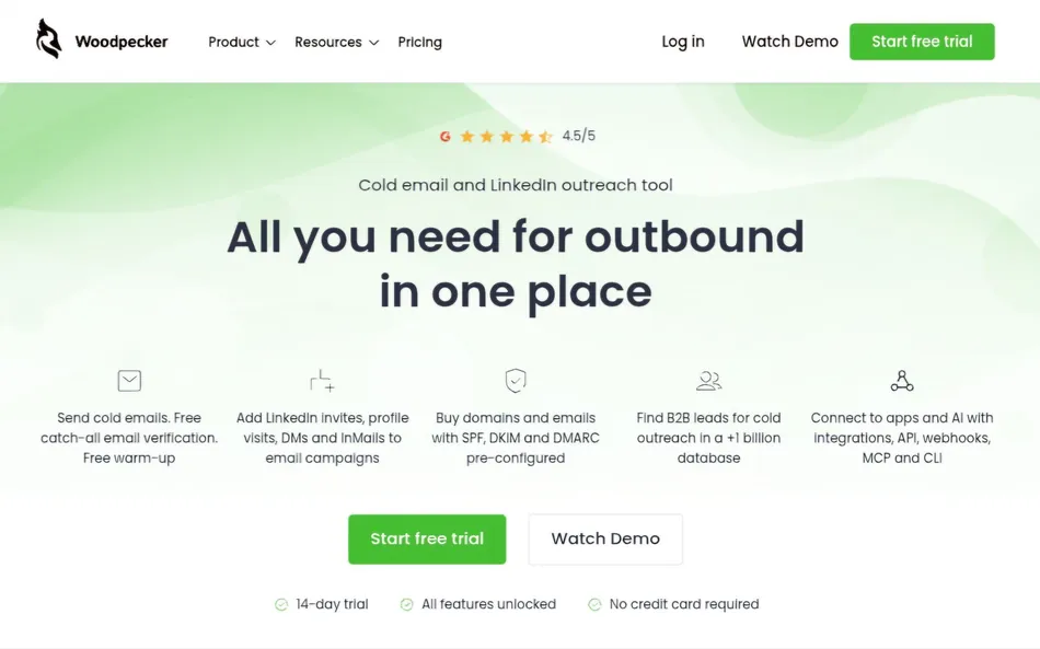 A screenshot of the Woodpecker homepage, a 'Cold email and LinkedIn outreach tool.' The main headline reads, 'All you need for outbound in one place.' Below this are five feature descriptions with icons, including sending cold emails, adding LinkedIn invites, buying domains, finding B2B leads, and connecting to apps. Two call-to-action buttons read 'Start free trial' and 'Watch Demo.'