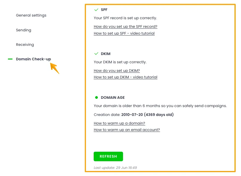 A screenshot of a web interface showing a 'Domain Check-up' section. The section confirms that SPF and DKIM are set up correctly, and the domain age is over 6 months, displaying a creation date of 2010-07-20 and showing it is 4369 days old.