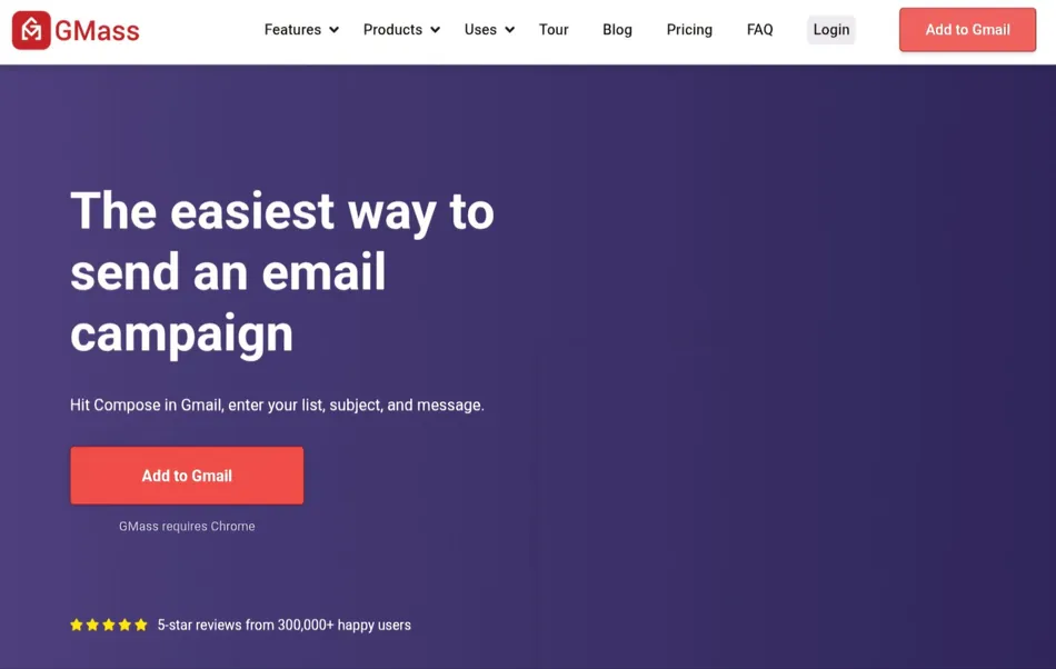 A screenshot of the GMass website showing a dark purple background with white text that reads 'The easiest way to send an email campaign'. Below that is a red button 'Add to Gmail' and a line of text that says 'GMass requires Chrome'. At the bottom, five yellow stars are shown next to '5-star reviews from 300,000+ happy users'. The header of the website includes the GMass logo, navigation links like Features, Products, Uses, Tour, Blog, Pricing, FAQ, and Login, and another 'Add to Gmail' button.