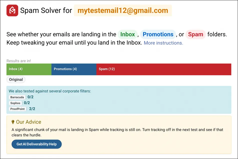 This image displays a 'Spam Solver' analysis for an email address. The results show 4 emails in the Inbox, 4 in Promotions, and 12 in Spam. The advice suggests turning off tracking to improve deliverability.