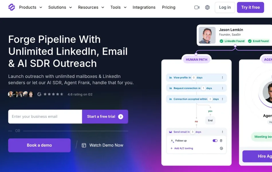 A screenshot of a SaaS landing page for an outreach platform. The headline reads Forge Pipeline With Unlimited LinkedIn, Email & AI SDR Outreach, with an input field for email and buttons to start a free trial, book a demo, or watch a demo. A section on the right displays a workflow diagram comparing a human path and an agent path for outreach, featuring a profile of Jason Lemkin, Founder, SaaStr.