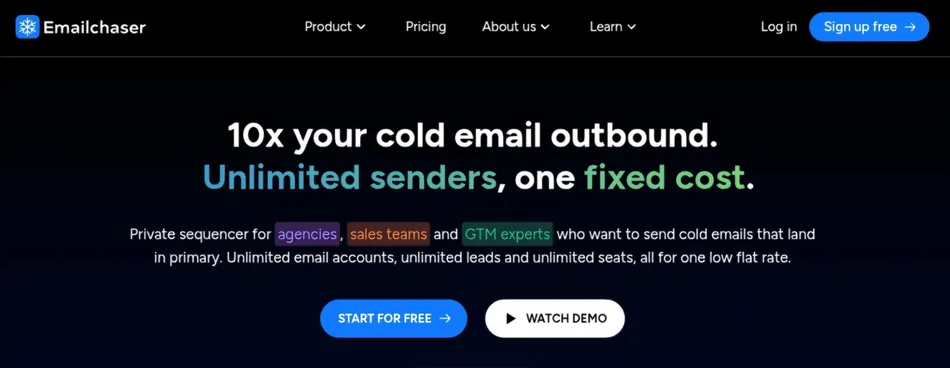 A screenshot of the Emailchaser website homepage. The dark themed page features the company logo and navigation bar at the top. The main headline reads '10x your cold email outbound. Unlimited senders, one fixed cost.' Below this, text explains it is a private sequencer for agencies, sales teams, and GTM experts, offering unlimited email accounts, leads, and seats for one low flat rate. Two call to action buttons are present, 'START FOR FREE' and 'WATCH DEMO'.