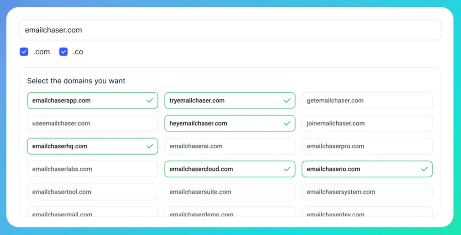 A screenshot of a domain name selection tool with 'emailchaser.com' entered as the base. Below it are checkboxes for '.com' and '.co', both selected. Further down, there's a list of suggested domain names, some of which are selected as indicated by a green border and a checkmark, such as 'emailchaserapp.com', 'tryemailchaser.com', 'heyemailchaser.com', 'emailchaserhq.com', 'emailchasercloud.com', and 'emailchaserio.com'.