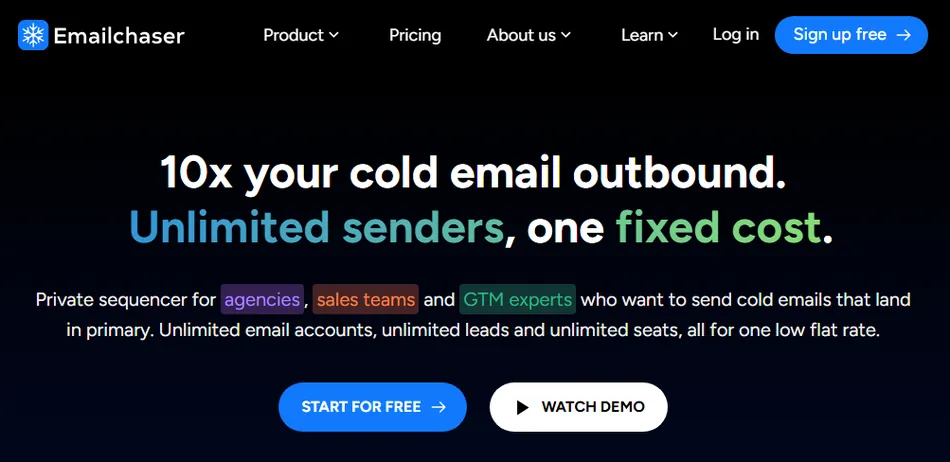 A screenshot of the Emailchaser website homepage with a dark background. The page features a headline that reads, '10x your cold email outbound. Unlimited senders, one fixed cost,' and mentions features for agencies, sales teams, and GTM experts. Two buttons at the bottom say 'START FOR FREE' and 'WATCH DEMO.'