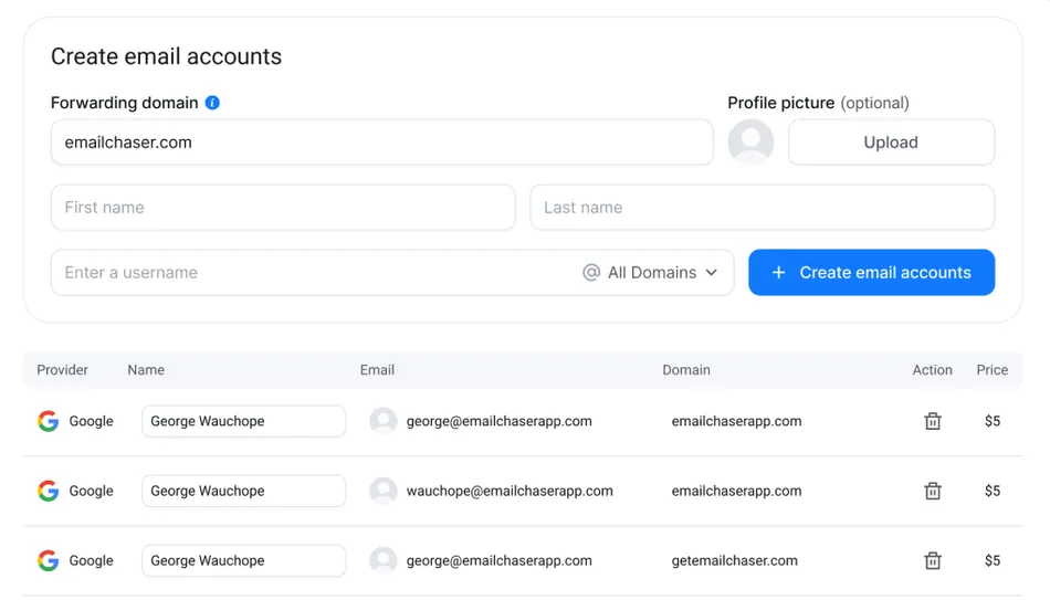 A screenshot of an email account creation and management interface. It includes fields for forwarding domain, first name, last name, username, and profile picture upload, along with a button to 'Create email accounts'. Below this section, there's a table listing existing email accounts with columns for Provider, Name, Email, Domain, Action, and Price.