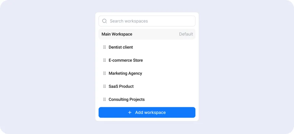 A white dropdown menu is displayed on a light purple background. The menu has a search bar at the top, a 'Main Workspace' section marked as 'Default,' and a list of five sub-items below it, including 'Dentist client,' 'E-commerce Store,' 'Marketing Agency,' 'SaaS Product,' and 'Consulting Projects.' At the bottom of the menu, there is a blue button with a plus icon and the text 'Add workspace.'