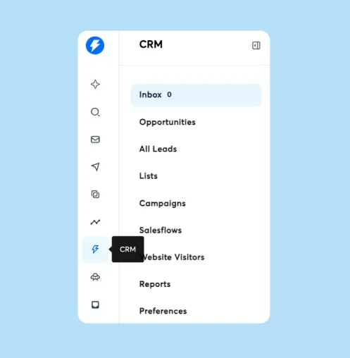 A screenshot of a CRM dashboard with a light blue background. The dashboard has a sidebar with icons and a main content area listing menu options like Inbox, Opportunities, All Leads, Lists, Campaigns, Salesflows, Website Visitors, Reports, and Preferences. The CRM menu item is highlighted with a lightning bolt icon next to it and a tooltip showing CRM.