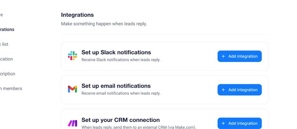 A screenshot of an integrations settings page showing options to set up Slack notifications, email notifications, and a CRM connection. Each option has an Add integration button.