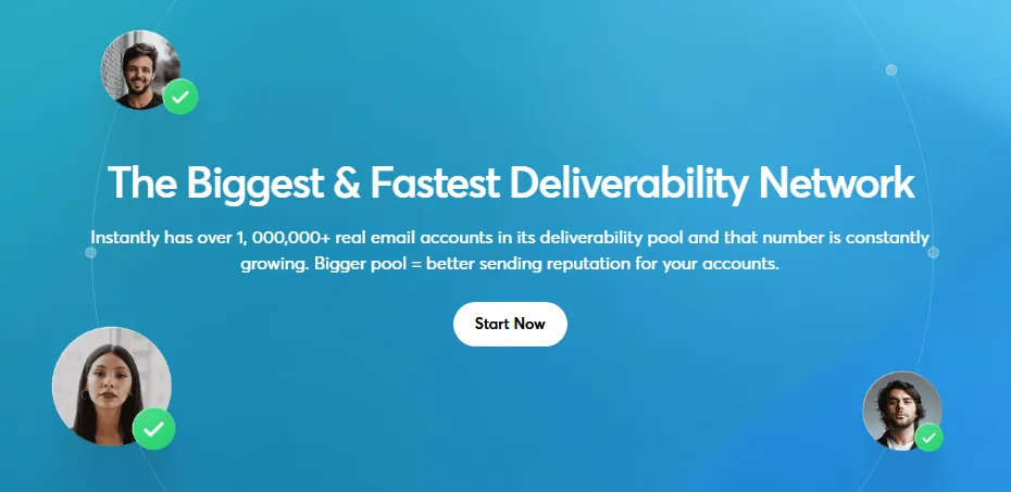 A webpage with a blue background promoting 'The Biggest & Fastest Deliverability Network.' It states that the network has over 1,000,000+ real email accounts and is constantly growing, with a 'Start Now' button. Three circular profile pictures of diverse individuals with green checkmark icons are placed around the text.