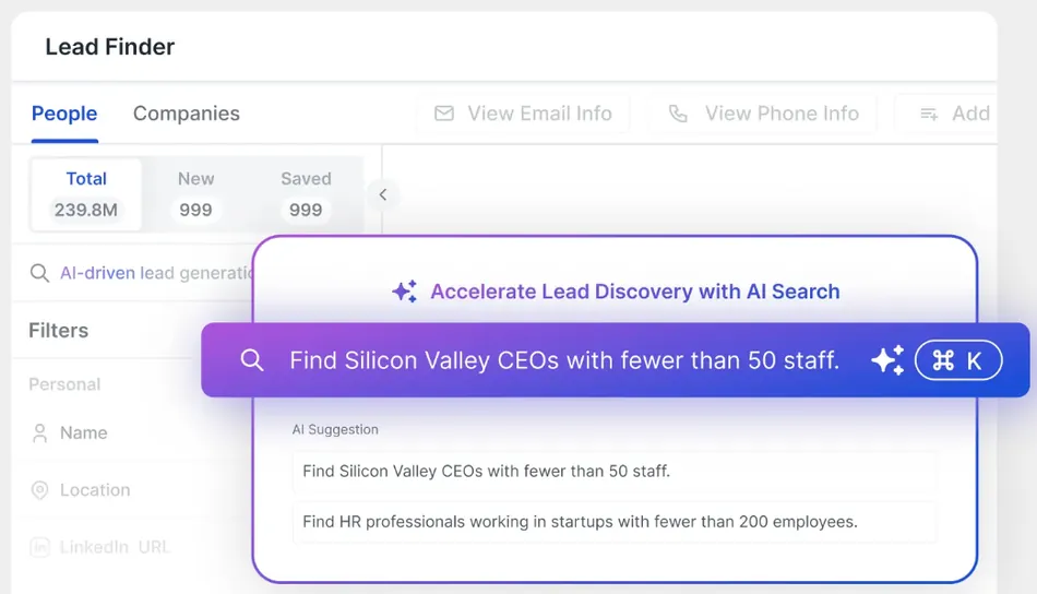 A screenshot of a 'Lead Finder' application with a purple pop-up for AI search. The search bar says 'Find Silicon Valley CEOs with fewer than 50 staff.' There are also AI suggestions like 'Find HR professionals working in startups with fewer than 200 employees.'