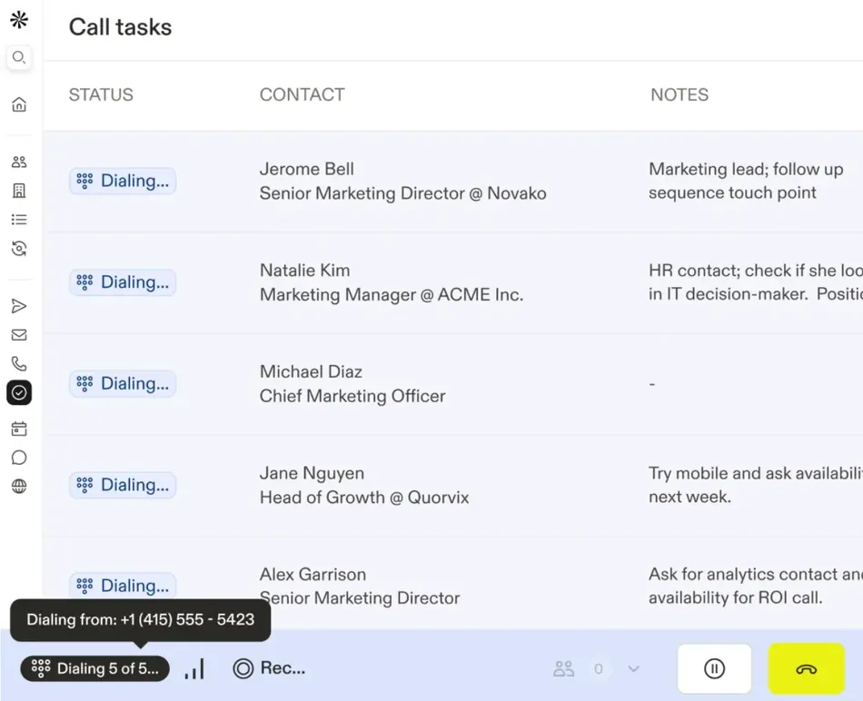 A screenshot of a 'Call tasks' dashboard showing a list of contacts with their status, contact information, and notes. Five calls are currently in 'Dialing' status, with a notification 'Dialing from: +1 415 555 - 5423' at the bottom left.