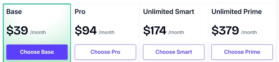 This image shows a pricing plan comparison for Base, Pro, Unlimited Smart, and Unlimited Prime tiers. The Base plan is highlighted and costs 39 dollars per month, the Pro plan costs 94 dollars per month, the Unlimited Smart plan costs 174 dollars per month, and the Unlimited Prime plan costs 379 dollars per month.