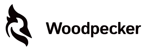 A black and white logo featuring an abstract, stylized black shape resembling a flame or a bird's head on the left, next to the word 'Woodpecker' in a bold, sans-serif black font.