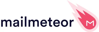 The Mailmeteor logo features the word 'mailmeteor' in dark blue lowercase letters. To the right, a stylized pink comet with a lighter pink trail descends, containing a white letter M.