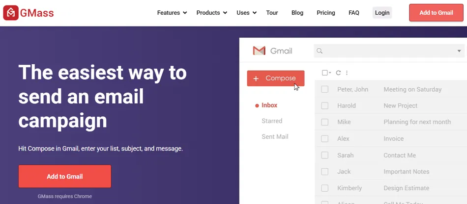 A screenshot of the GMass website, showing a purple background on the left with the text 'The easiest way to send an email campaign' and an 'Add to Gmail' button. On the right, a mockup of the Gmail interface shows a cursor hovering over the 'Compose' button and a list of emails in the inbox.