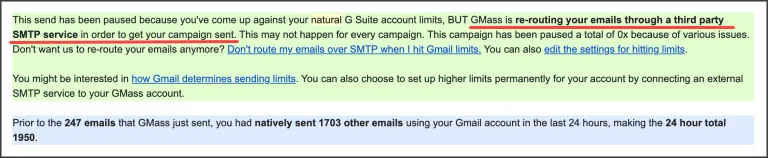 This image shows a warning message about email sending limits and how GMass re-routes emails through a third-party SMTP service. It also details the number of emails sent natively and through GMass, totaling 1950 emails in 24 hours.