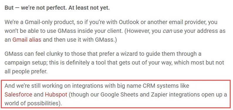 This image contains text describing the features and limitations of a marketing tool called GMass. It mentions GMass is a Gmail-only product, can feel clunky to some users, and is working on integrations with CRM systems like Salesforce and Hubspot.