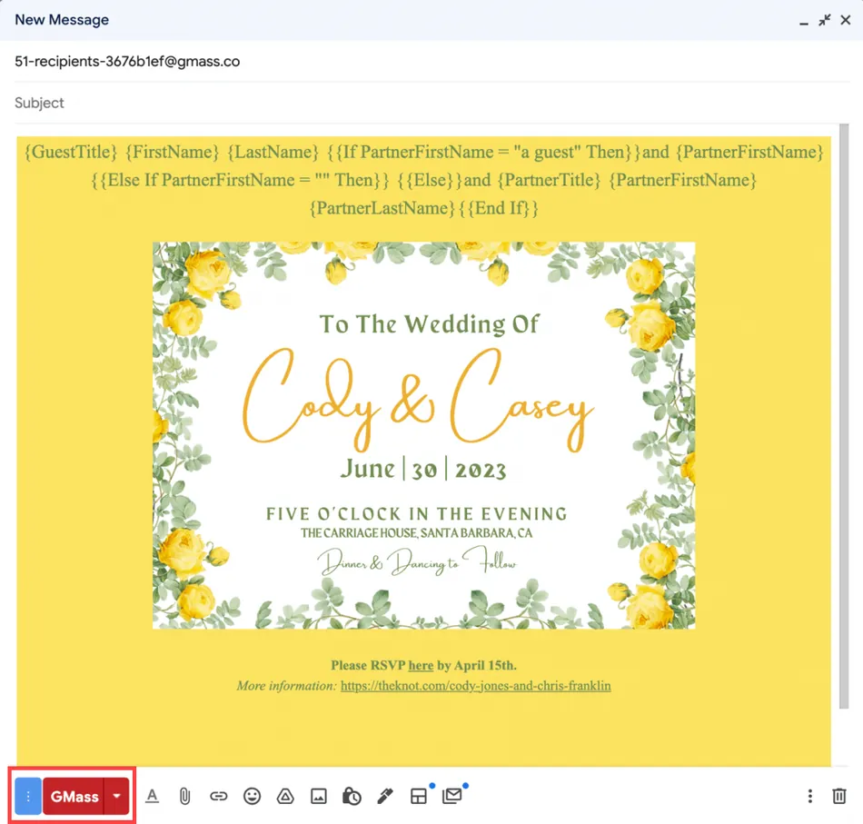 This image shows a draft email with a wedding invitation. The email contains merge fields for personalization and a graphic of an invitation for 'To The Wedding Of Cody & Casey' on 'June 30, 2023.' The email footer shows a red button labeled 'GMass.'