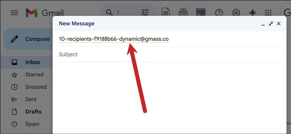 A screenshot of a Gmail interface with a 'New Message' window open. The 'To' field shows the email address 10-recipients-f9188b66-dynamic@gmass.co, which is highlighted by a red arrow pointing to it, and below it is an empty 'Subject' field.