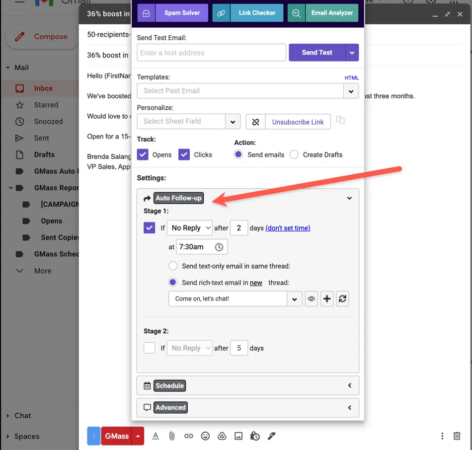 A screenshot of email settings in a software interface with an arrow pointing to the 'Auto Follow-up' button. The settings show options for tracking opens and clicks, sending test emails, and configuring stages for automatic follow-up emails based on whether there is a reply and a specified time delay.