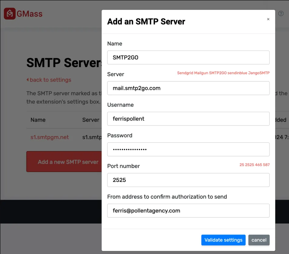 A screenshot shows a pop-up window titled 'Add an SMTP Server' on a web page for GMass. The form fields include Name, Server, Username, Password, Port number, and From address to confirm authorization to send, all of which are filled in.