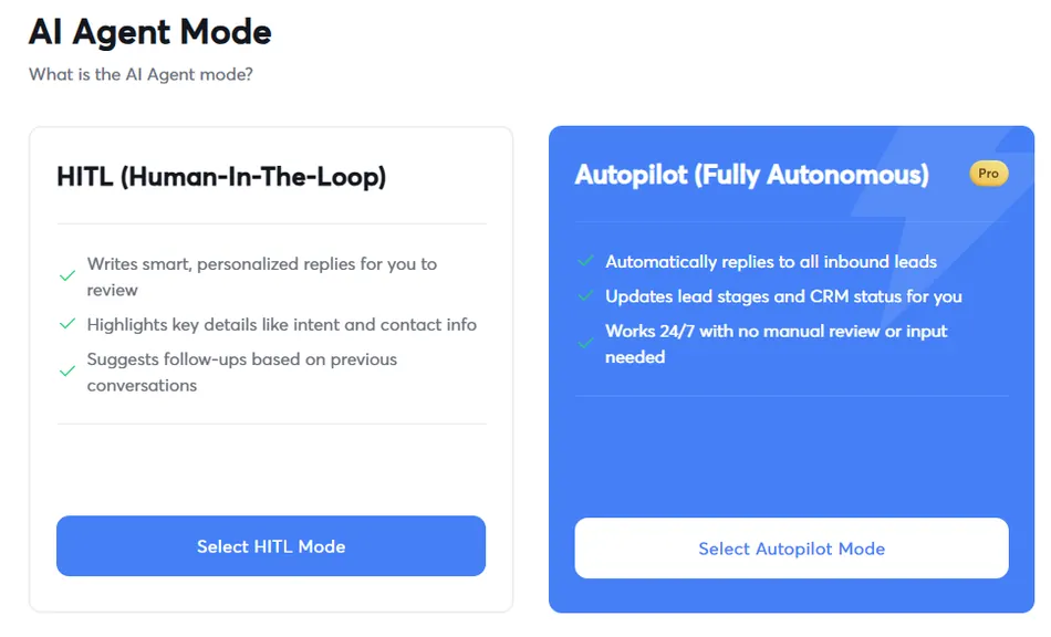 This image displays two modes for an AI agent. The left panel shows HITL Human In The Loop mode, which writes personalized replies for review, highlights key details, and suggests follow-ups. The right panel, marked Pro, shows Autopilot Fully Autonomous mode, which automatically replies to leads, updates CRM status, and works 24/7 without manual input.