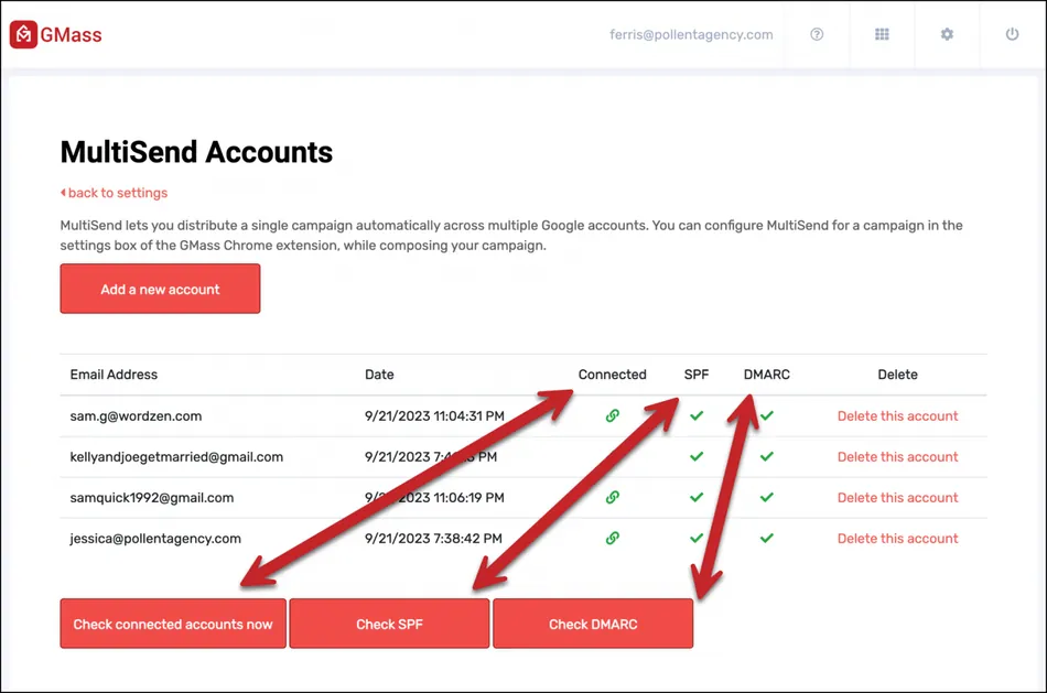 A screenshot of the GMass MultiSend Accounts page, displaying a table with four email addresses, their connection status, SPF and DMARC checks, and an option to delete each account. Below the table are buttons to check connected accounts, SPF, and DMARC, corresponding to the columns above.