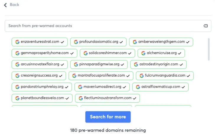 A screenshot showing a web interface for searching pre-warmed accounts. There's a search bar at the top and a grid of clickable domain names, each prefixed with a Google G icon and a checkmark, indicating they are selected or available. A blue button labeled 'Search for more' is visible at the bottom, and text states '180 pre-warmed domains remaining'.