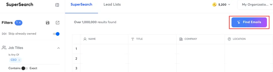 A screenshot of the SuperSearch application shows a search results page with filters on the left and a table of results. The filters show 'Job Titles' with 'CEO' selected. The main section shows 'Over 1,000,000 results found' and an empty table with columns for Name, Title, Company, and Location. A prominent blue and purple button on the right says 'Find Emails'.