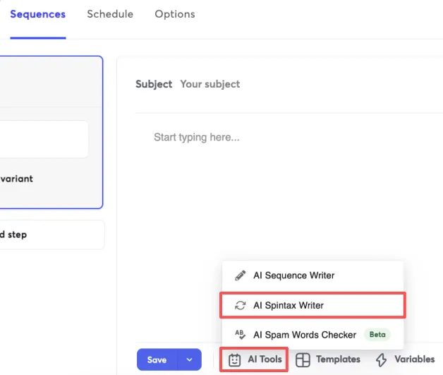 A screenshot of a web application with a popup menu titled AI Tools open. The menu displays options like AI Sequence Writer, AI Spintax Writer, and AI Spam Words Checker. AI Spintax Writer is highlighted with a red box.