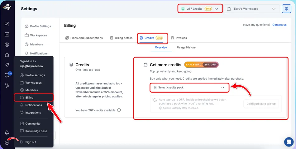 This image is a screenshot of a web application's 'Billing' section, specifically the 'Credits' tab. It shows the user's current credit balance, options to get more credits, and information about credit top-ups.