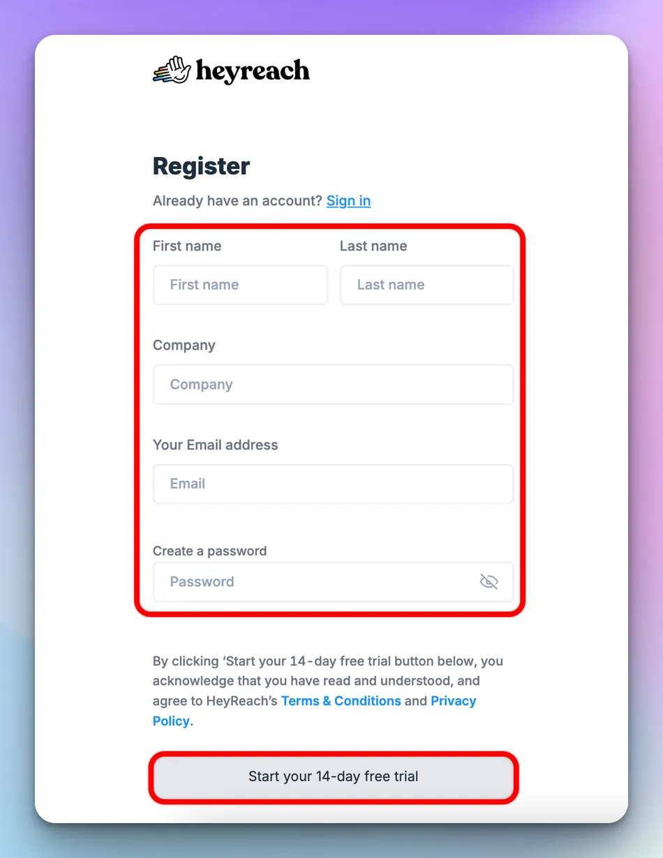 A screenshot of the HeyReach website registration page. The page asks for first name, last name, company, email address, and a password, with a button to start a 14-day free trial.