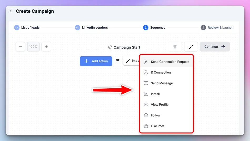 A screenshot of a campaign creation interface shows a dropdown menu with options like Send Connection Request, If Connection, Send Message, InMail, View Profile, Follow, and Like Post. A red arrow points to the InMail option within this menu.